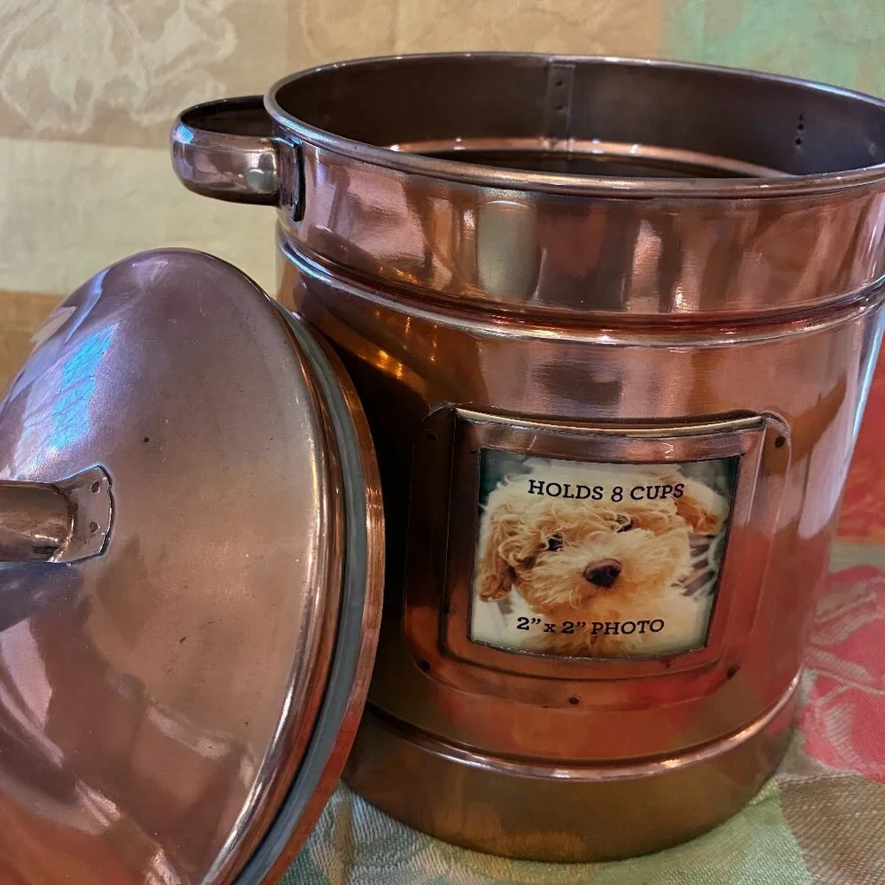 Treat bin with copper finish and photo slot